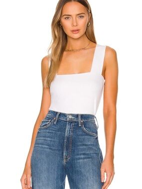Michael Lauren Square Neck White Ribbed Cropped Tank Top